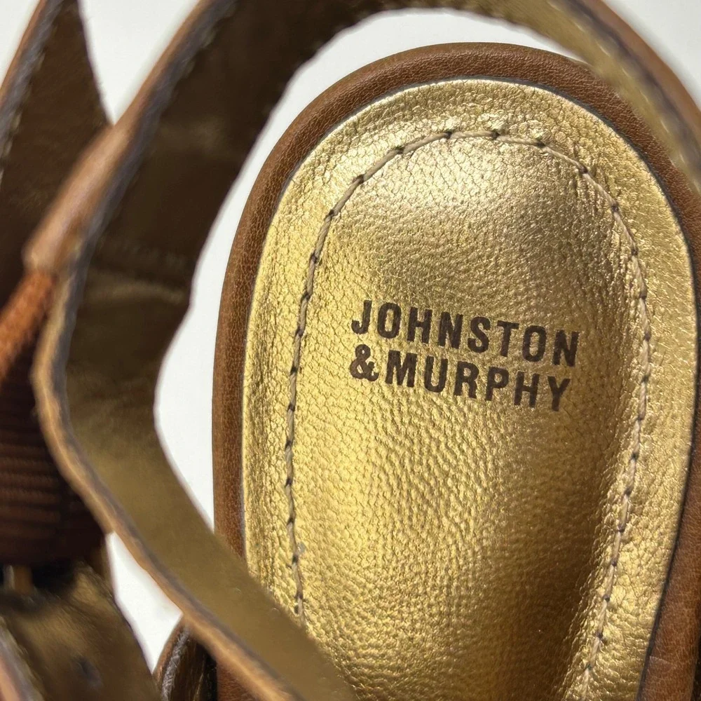 New Johnston Murphy Cassie Buckle Peep Toe Heel Booties 9.5‎ Brown Leather Ankle